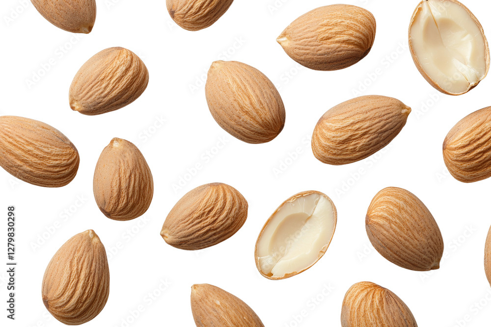 Poster close up of almonds with some of them open, isolated