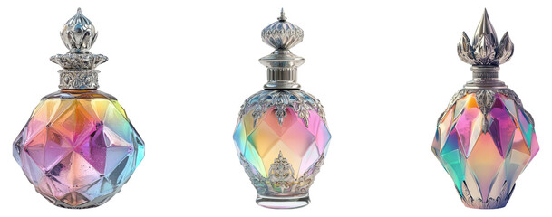 Colorful Glass Perfume Bottles Isolated on Transparent Background