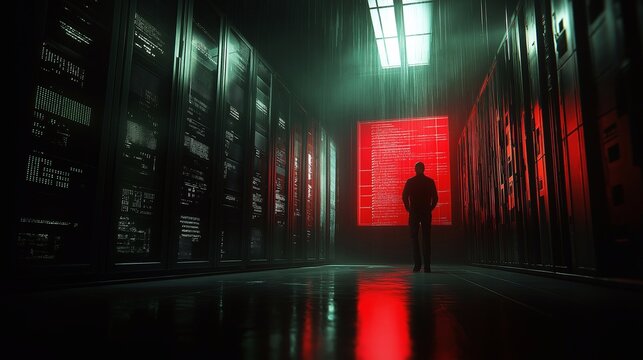 A hacker in a dark environment attempting to breach a secure firewall, with data encryption algorithms actively blocking unauthorized access.