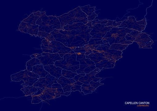 vector map of buildings, highways, and waterways in the capellen canton area of the country of luxembourg blue and orange color
