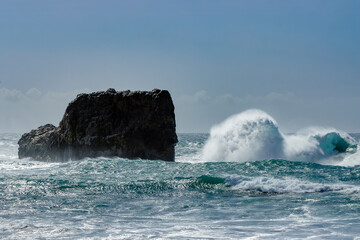Spectacular waves strike rock 2 in Piedras Blancas State Marine Reserve.