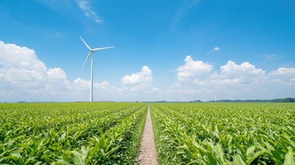 Wind turbine in cornfield under blue sky