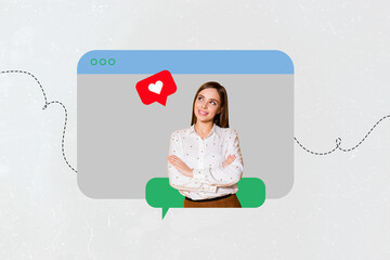 Poster image composite photo collage of happy blogger girl crossed hands stand website icon social...