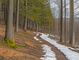 Serene winter forest path winding through tall trees with patches of snow and fallen leaves