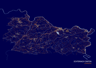 vector map of buildings, highways, and waterways in the echternach canton area of the country of luxembourg blue and orange color