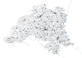vector map of buildings, highways, and waterways in the clervaux canton area of the country of luxembourg black and white color
