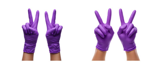 Hands with Purple Gloves Making Peace Signs