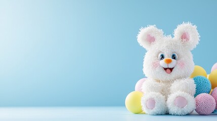 Fluffy Easter bunny with pastel eggs, blue background