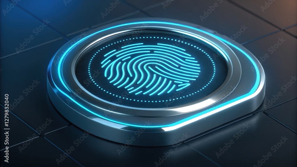 Poster cybersecurity fingerprint: high-tech fingerprint scanner glows with vibrant blue light, symbolizing 