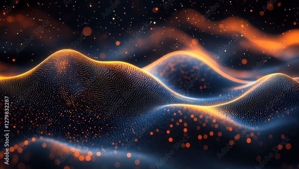 Poster abstract 3d waves with glowing particles and smooth curves against a dark background for modern digi
