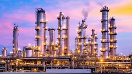 Illuminated industrial refinery at twilight.  Modern petrochemical plant with intricate towers and pipelines against a vibrant sunset sky.