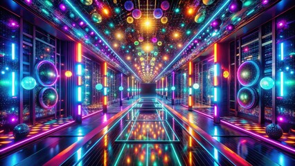 Fototapeta premium Vibrant Neon Corridor with Illuminated Spheres and Reflective Floor, a Futuristic and Enthralling Design