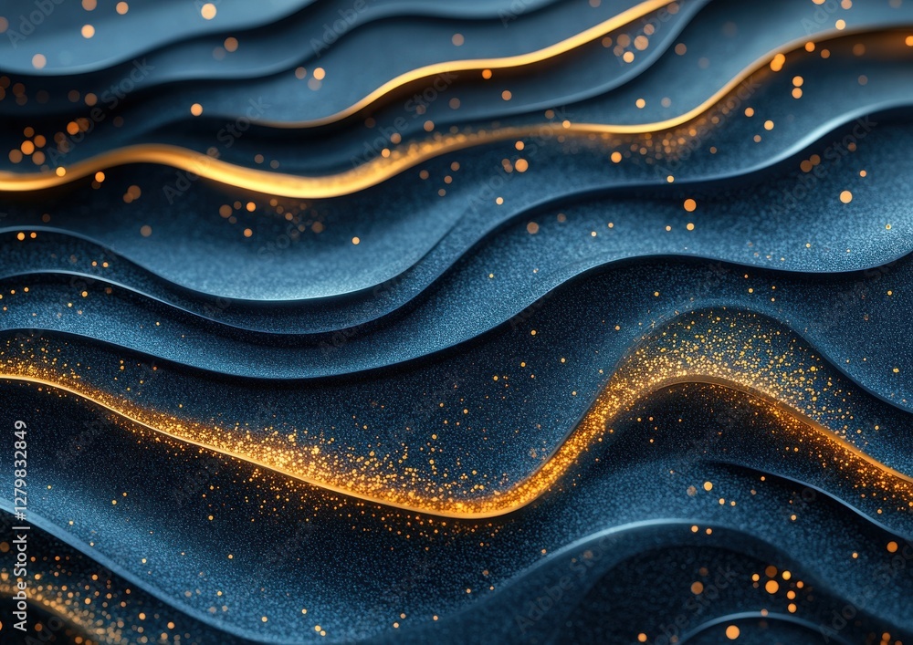 Poster abstract blue wave pattern with golden sparkles and shimmering texture, creating a dynamic and elega