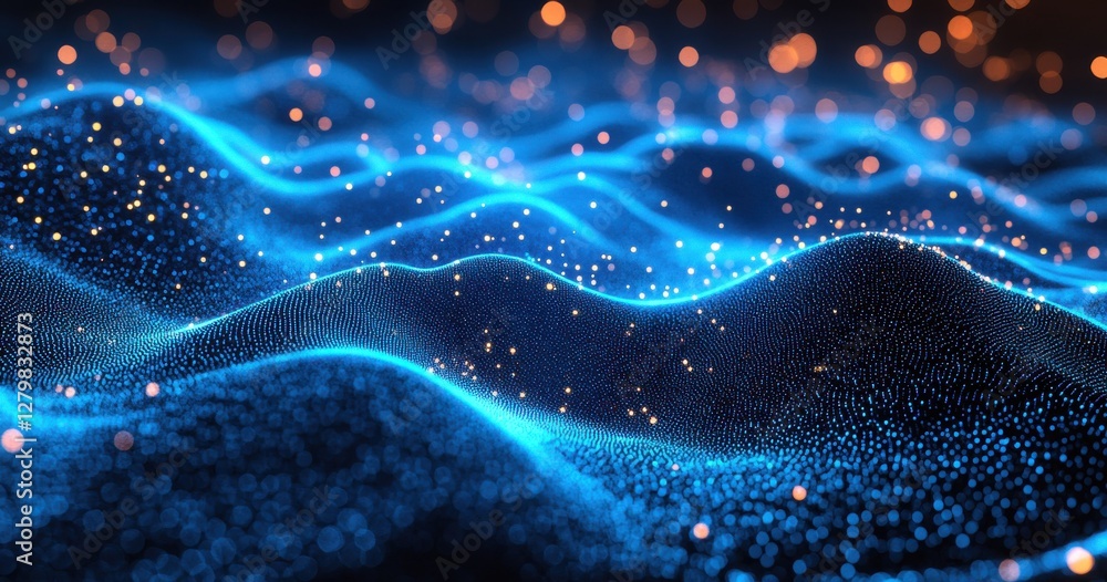 Poster abstract blue wave particles with glowing light and bokeh effect gentle flowing surface in digital a