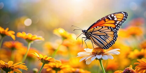 Obraz premium A vibrant monarch butterfly delicately perched atop a pristine white daisy amidst a sea of radiant yellow wildflowers, bathed in the warm glow of sunlight.