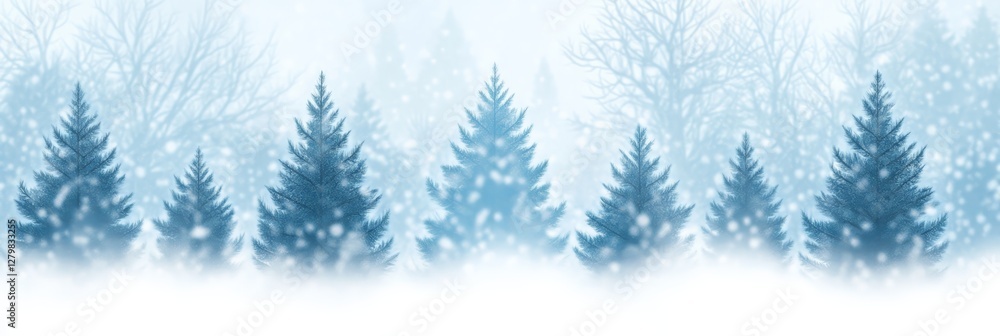 Poster Soft snowflakes are gently falling on a row of majestic evergreen pine trees in a serene winter forest, creating a tranquil and magical atmosphere