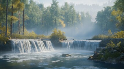 Fototapeta premium Serene Waterfall Cascades Through Misty Forest Landscape