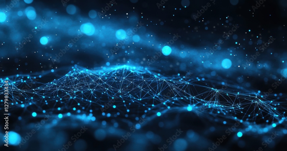 Poster abstract digital landscape with glowing blue particles and interconnected lines representing technol