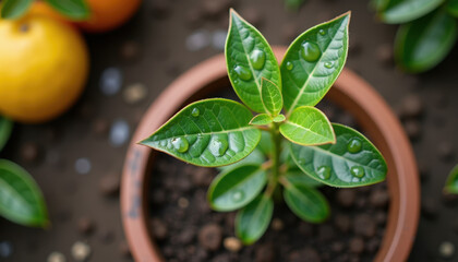 Young citrus plant in pot for gardening websites, horticultural blogs, and agricultural education materials