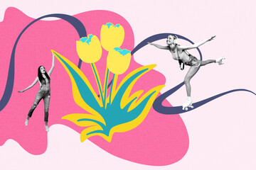 Composite art 3d creative image collage of two happy girls friends park walk ride roller-skates listen music headphones bloom tulips