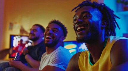 Three friends enjoying entertainment at home, laughing together while bathed in vibrant blue TV light, creating perfect moment of joy and genuine connection at night.