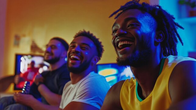 Three friends enjoying entertainment at home, laughing together while bathed in vibrant blue TV light, creating perfect moment of joy and genuine connection at night.
