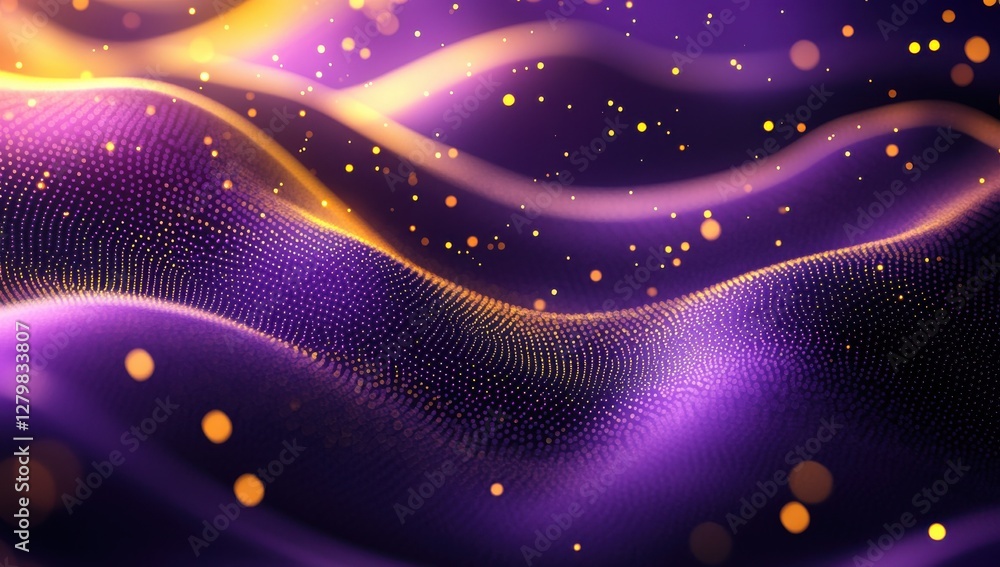 Poster abstract flowing waves with glowing particles in shades of purple and gold creating a mesmerizing vi