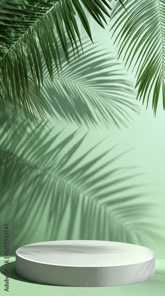 Poster minimalist product display podium in white against mint green background with tropical palm leaf sha
