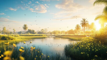 Naklejka premium Serene Oasis Sunset Birds Palm Trees Pond