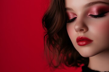 Fototapeta premium Woman with red hair and red lipstick is wearing a red background