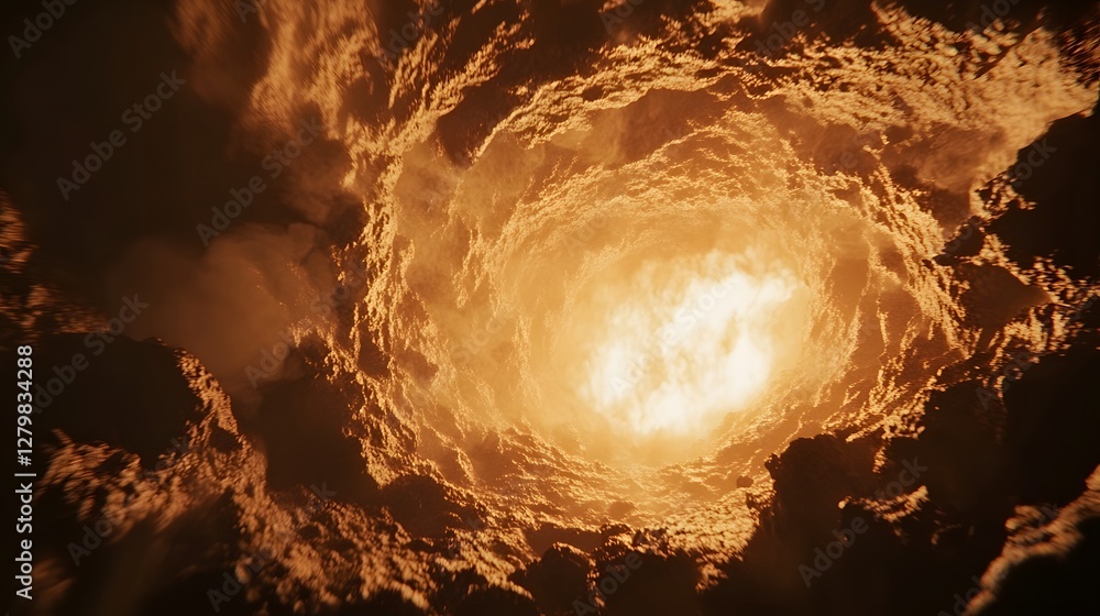 Poster a fiery vortex of clouds swirls inwards, creating a tunnel of orange and yellow light. the intense b