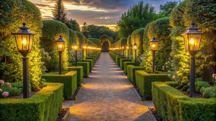 Serene Evening Pathway Illuminated by Garden Lights, Flanked by Lush Green Hedges