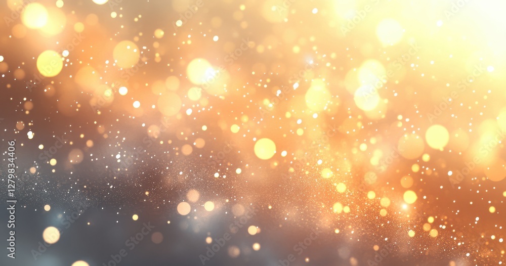 Poster abstract golden and grey bokeh background with soft glowing lights and shimmering particles creating