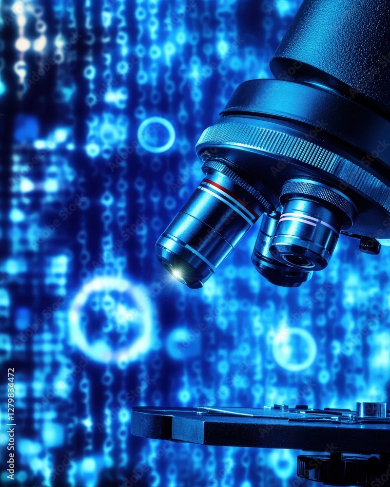 Poster close-up of a powerful microscope against a vibrant blue binary code backdrop, symbolizing scientifi