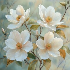 Four creamy white magnolia blossoms on branches with green leaves against a soft green background.