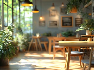 Fototapeta premium Blurred cafe interior room for background in business concept. Blur empty open space modern cafe. Workspace design.