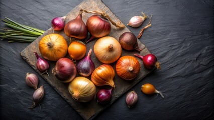 Aromatic Collection of Diverse Onions and Garlic Bulbs on Dark Stone Surface