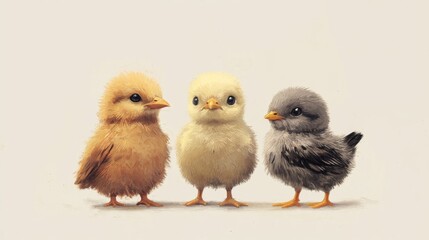 Fototapeta premium Three Fluffy Baby Chicks on White Background