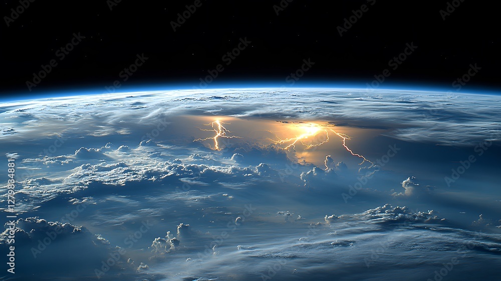 Poster stunning view of earth from space, showcasing a breathtaking display of lightning illuminating the c