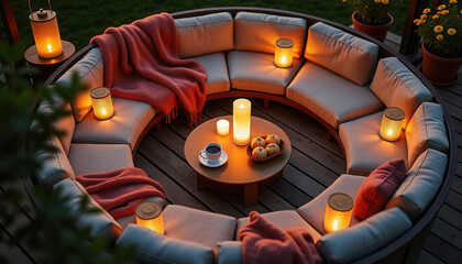 Circular outdoor seating area with fire pit for backyard design inspiration, patio decor blogs, and outdoor entertaining ideas