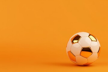 Naklejka premium Gold and white soccer ball sits on a bright orange background