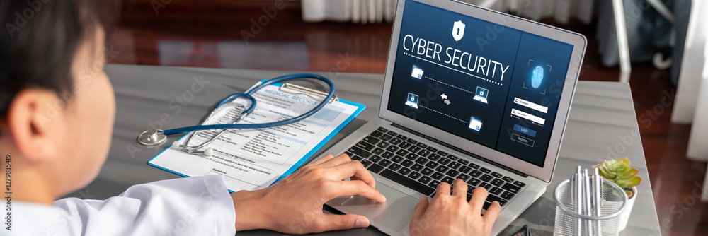 Poster cyber security system on computer screen protect private information brisk from hacker and cyber att