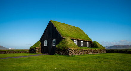 Obraz premium Echoes of the Past: The Striking Scenery of Hofskirkja Turf Church 