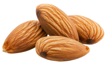 Four almonds are shown in a row, with the top one being the largest, isolated