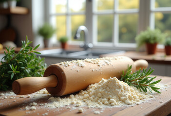 Rolling pin and flour on wooden surface for cooking blogs, baking websites, and culinary education