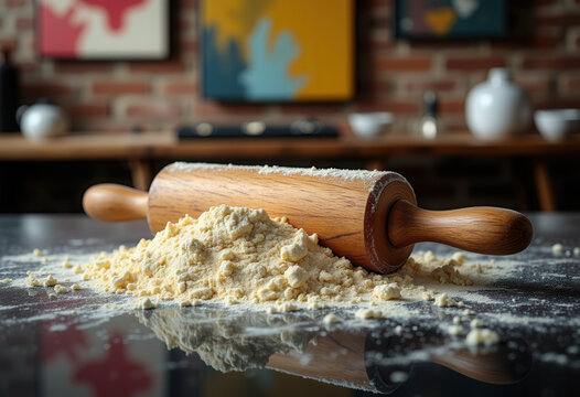 Rolling pin and flour on wooden board for baking blogs, cooking websites, and culinary education - Powered by Adobe