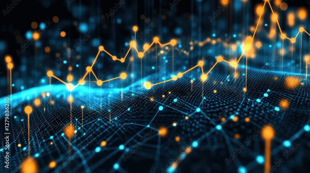 Poster abstract visualization of data trends with glowing lines and dots on a dark background