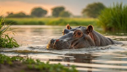 Fototapeta premium hippo swimming in serene river at sunset, surrounded by lush greenery