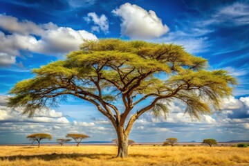 Fototapeta premium A Majestic Savanna Tree Stands Tall Against a Vibrant Sky, Its Branches Reaching Towards the Fluffy Clouds