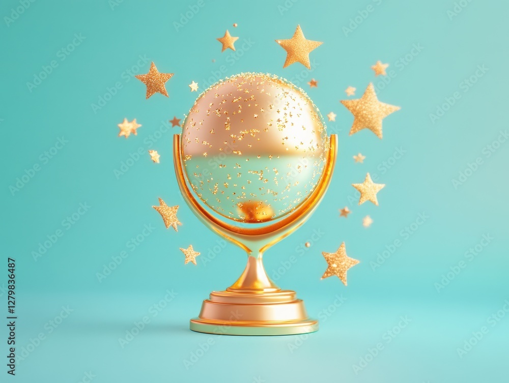 Poster beautiful 3d golden globe with shimmering stars on a soft turquoise background creating a magical fa